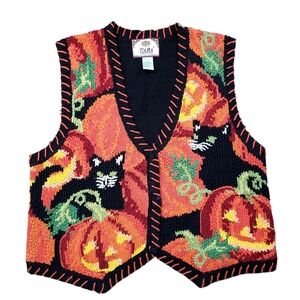 Tiara Vintage Crochet Halloween Black Cats Y2K Knit Vest Size Large Pumpkins
